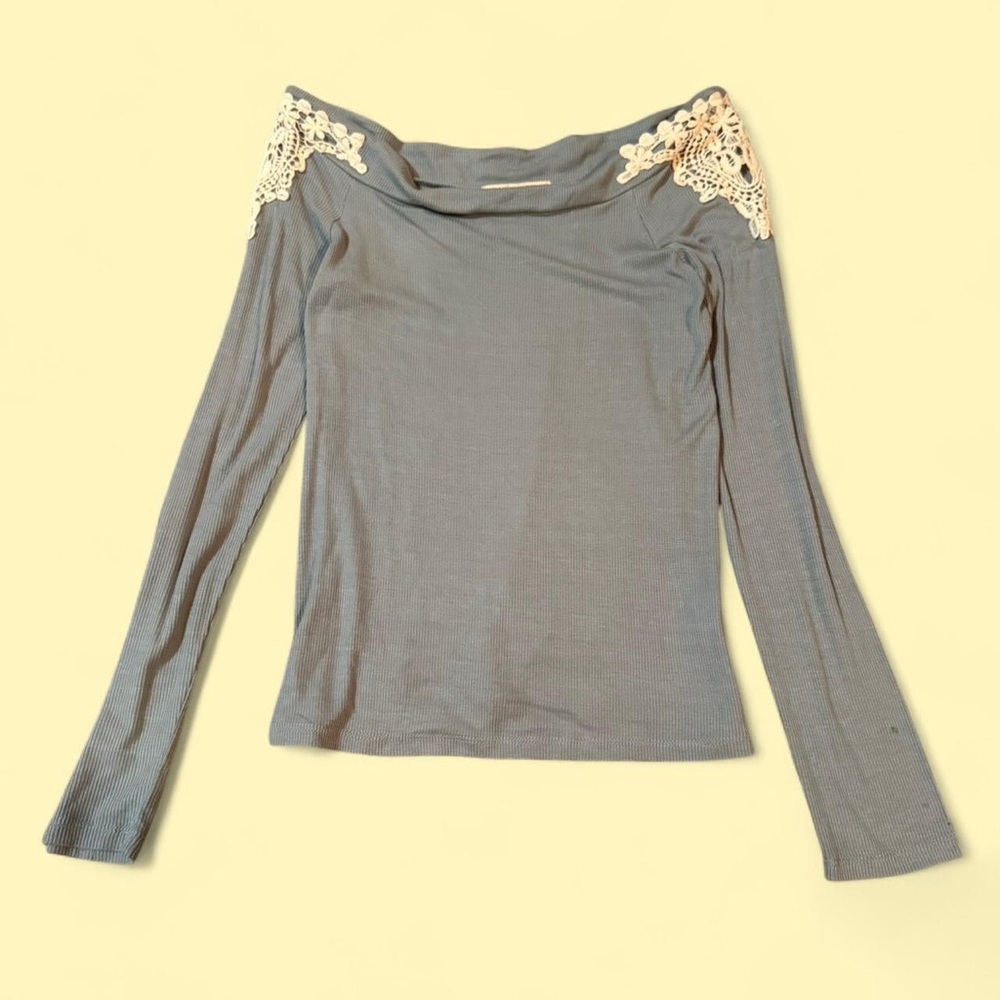 light blue lace long sleeve off-the-shoulder top